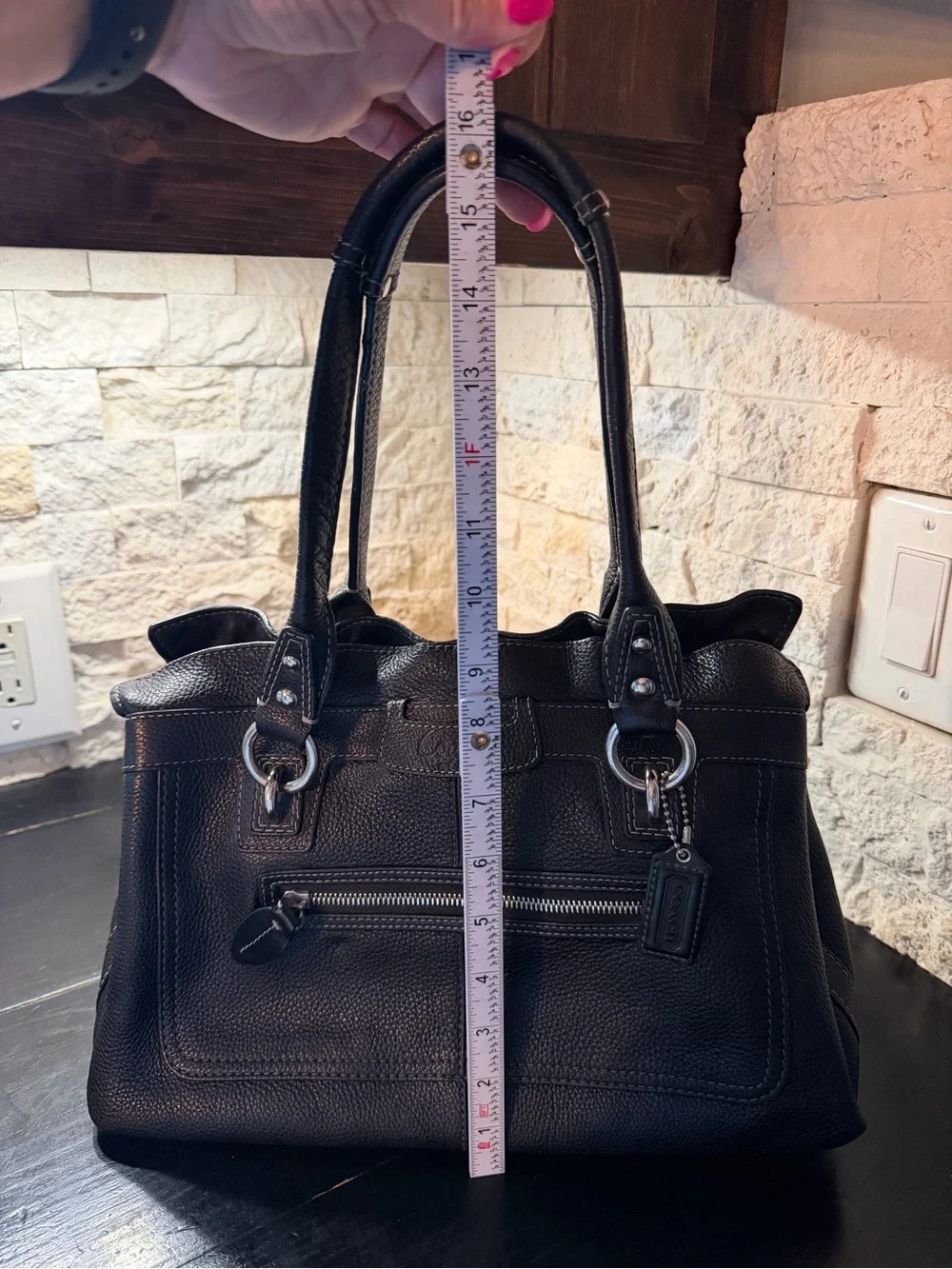 Coach Satchel F14686 Penelope Handbag Ruffled Top Tote Bag Black Pebbled Leather